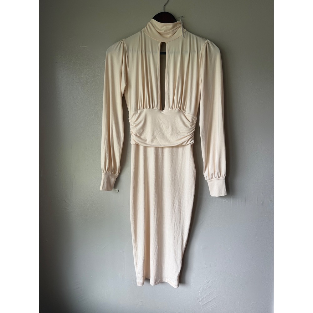 ASOS Cream High Neck Keyhole Ruched Waist Midi Dress Long Sleeve Size US 2 NEW